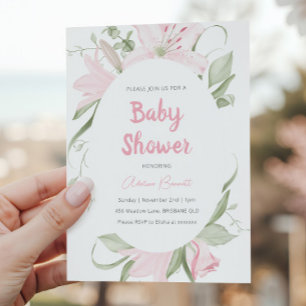 Rosa Lilien Blumen Grüne Blätter Babyparty Einladung