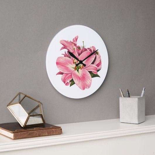 Rosa Lilien Blumenstrauß Große Wanduhr (Büro)