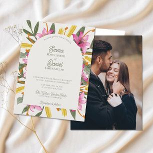 Rosa Lilien Gebogene Botanische Foto-Hochzeit Einladungspostkarte
