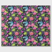 Rosa Lilien und blaue Vögel Geschenkpapier (Flach)