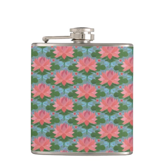 Rosa Lilien und Libellen Hip Flask Flachmann (Vorderseite)