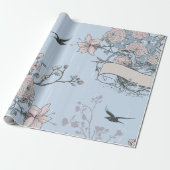 Rosa Lilien und Rose im asiatischen Stil auf Blue Geschenkpapier (Ungerollt)