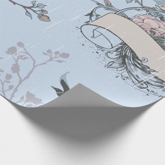 Rosa Lilien und Rose im asiatischen Stil auf Blue Geschenkpapier (Ecke)