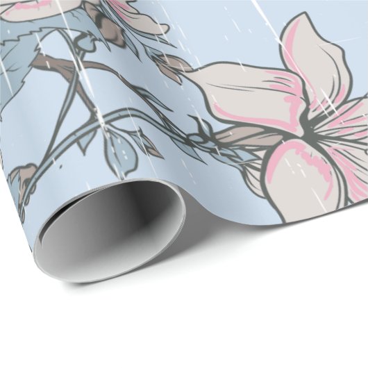 Rosa Lilien und Rose im asiatischen Stil auf Blue Geschenkpapier (Rolleneckpunkt)