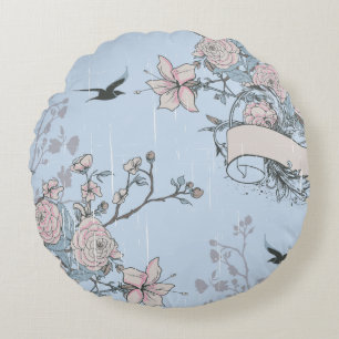 Rosa Lilien und Rose im asiatischen Stil auf Blue Rundes Kissen