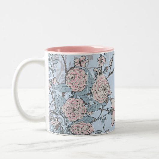 Rosa Lilien und Rose im asiatischen Stil auf Blue Zweifarbige Tasse (Links)