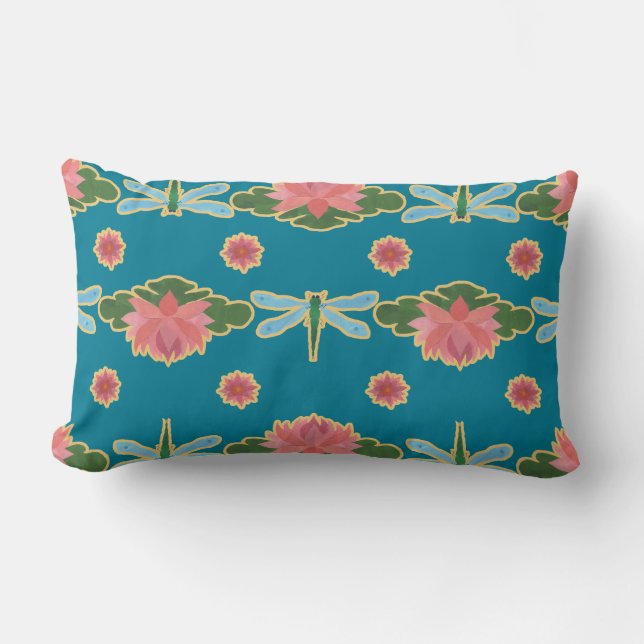 Rosa Lilies Dragonflies Lumbar Pillow Lendenkissen (Vorderseite)
