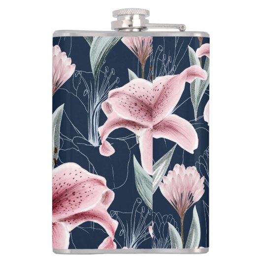 Rosa Lilly Blume Nahtloses Muster. Flachmann (Rückseite)