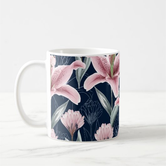Rosa Lilly Blume Nahtloses Muster. Kaffeetasse (Links)