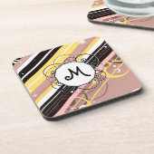 Rosa Limonade-Modern-Retro Streifen mit Monogramm Untersetzer (Linke Seite)