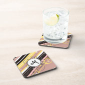Rosa Limonade-Modern-Retro Streifen mit Monogramm Untersetzer (Rechte Seite)