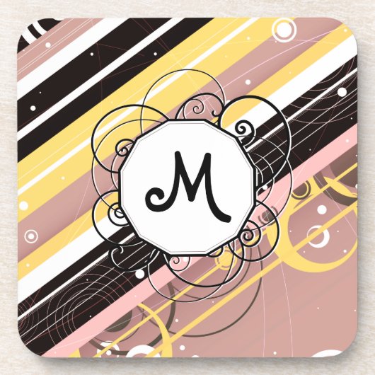 Rosa Limonade-Modern-Retro Streifen mit Monogramm Untersetzer (Vorderseite)