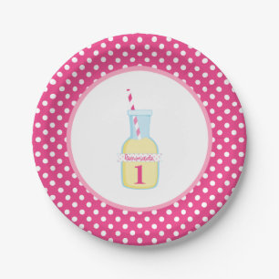 Rosa Limonade-weißer Tupfen-1. Geburtstag Pappteller