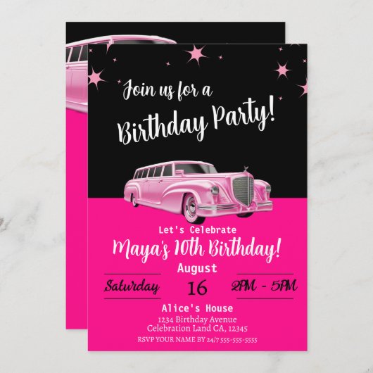 Rosa Limousine Puppe Party Geburtstag Einladung (Vorne/Hinten)