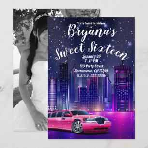 Rosa Limousine Stadt Sweet 16 Geburtstagsfoto Einladung