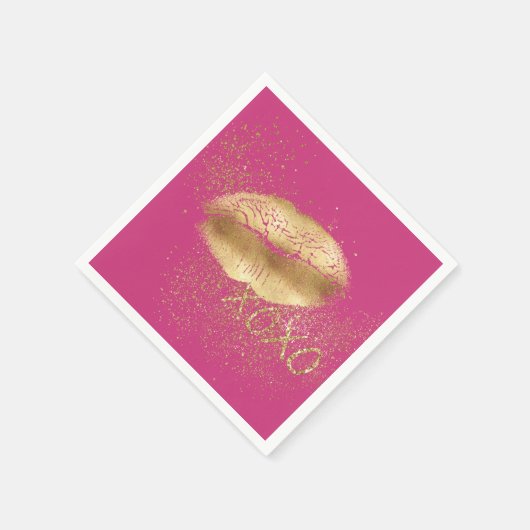 Rosa Lippen Kiss Gold Glitzer XOXO Serviette (Ecke)