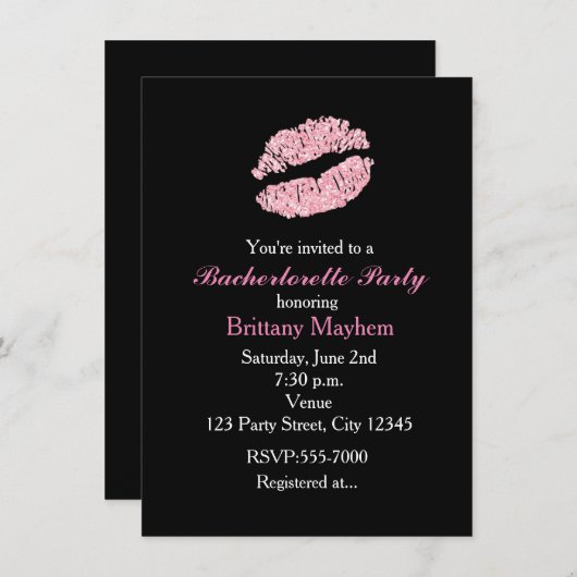 Rosa Lippen KISS Junggeselinnen-Abschied Einladung (Vorne/Hinten)