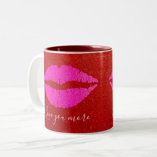 Rosa Lippen Roter Glitzer Liebe You More Script Fu Zweifarbige Tasse (Vorderseite Links)