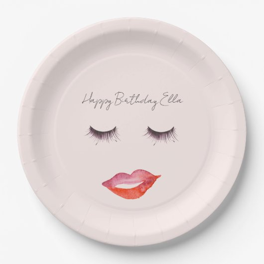 Rosa Lippen und Wimpern Geburtstag Pappteller (Vorderseite)