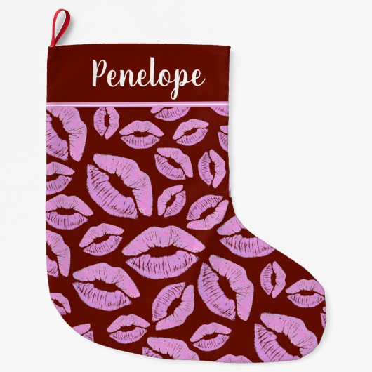 Rosa Lipstick Kiss Pattern Rot Großer Weihnachtsstrumpf (Vorderseite)