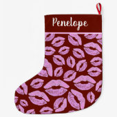 Rosa Lipstick Kiss Pattern Rot Großer Weihnachtsstrumpf (Rückseite)