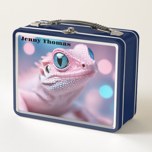 Rosa Lizard mit blauen Augen Metall Brotdose (Vorderseite)