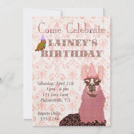 Rosa Llama Geburtstagseinladung Einladung (Vorderseite)