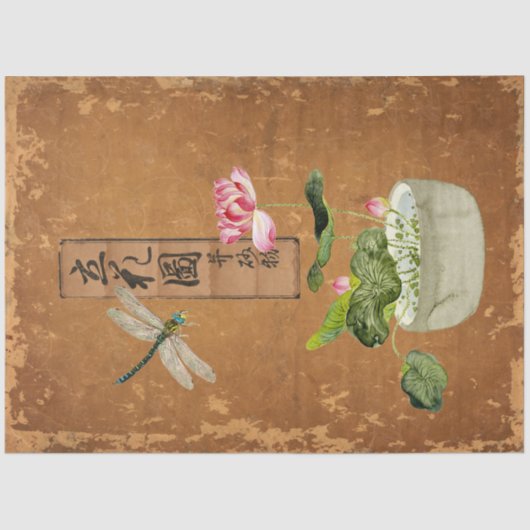 Rosa Lotus Blossom Dragonfly Vintager Entdeckungsr Seidenpapier (Vorderseite)