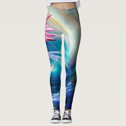 Rosa Lotus Blume Blau Weiße Leggings (Vorderseite)