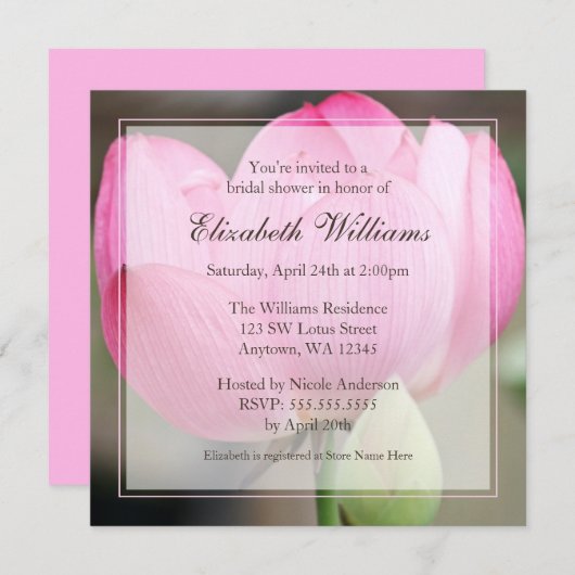 Rosa Lotus Blume Bridal Dusche Einladungen (Vorne/Hinten)