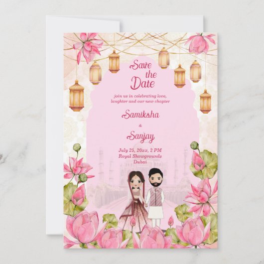 Rosa Lotus Blume Garlands Laterne Indianerhochzeit Einladung (Vorderseite)