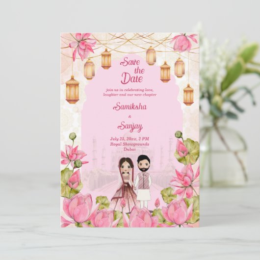 Rosa Lotus Blume Garlands Laterne Indianerhochzeit Einladung (Stehend Vorderseite)