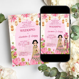 Rosa Lotus Blume Garlands Laterne Indianerhochzeit Einladung