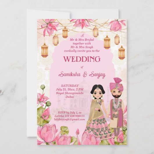 Rosa Lotus Blume Garlands Laterne Indianerhochzeit Einladung (Vorderseite)