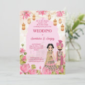 Rosa Lotus Blume Garlands Laterne Indianerhochzeit Einladung (Stehend Vorderseite)