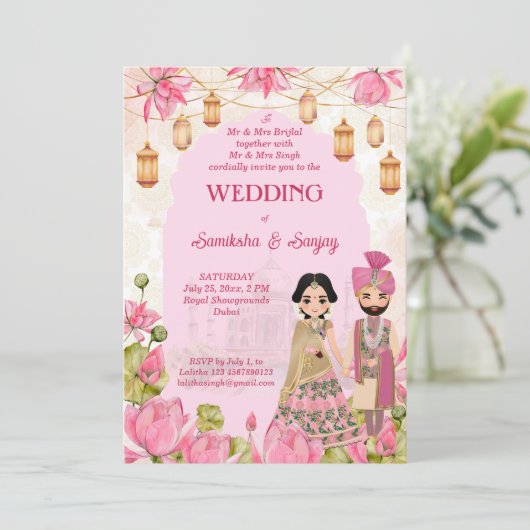 Rosa Lotus Blume Garlands Laterne Indianerhochzeit Einladung (Stehend Vorderseite)