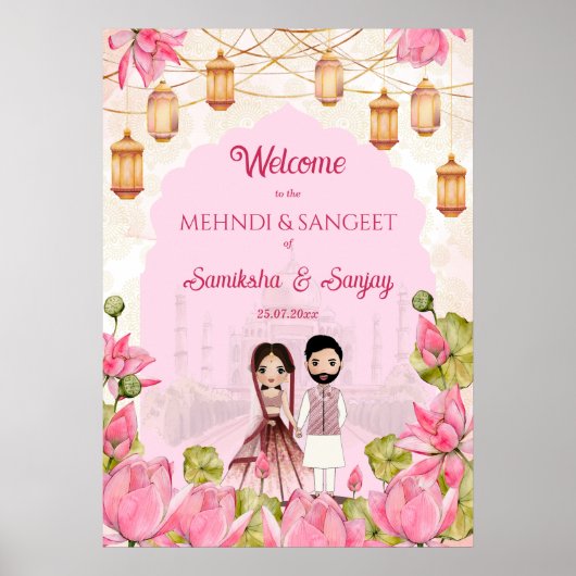 Rosa Lotus Blume Garlands Laterne Indianerhochzeit Poster (Vorne)