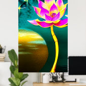 Rosa Lotus-Blume mit Reflektion über den Mond Poster (Heimbüro)