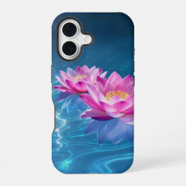Rosa Lotus-Blume schweben auf Kristallblau iPhone 16 Hülle