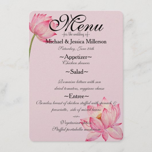 Rosa Lotus Blume Wedding Menu Menükarte (Vorderseite)