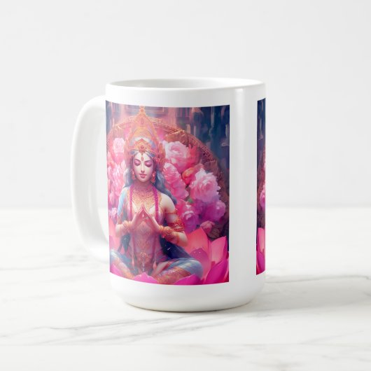 Rosa Lotus Goddess Lakshmi auf Weiß Kaffeetasse (Vorderseite Links)