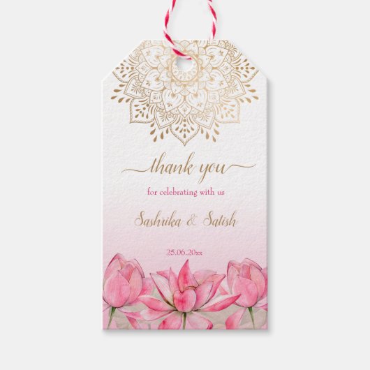 Rosa Lotus gold mandala indische Hochzeit danke Geschenkanhänger (Vorderseite)