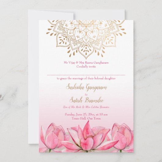 Rosa Lotus gold Mandala Indische Hochzeit Einladung (Vorderseite)
