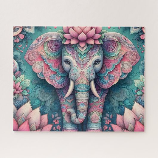 Rosa Lotus-Mandala-Elefant Puzzle (Horizontal)