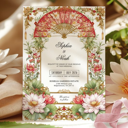 Rosa Lotus und Red Fan Asian Teezeremonie Hochzeit Einladung