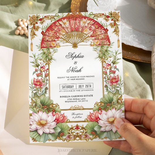 Rosa Lotus und Red Fan Asian Teezeremonie Hochzeit Einladung