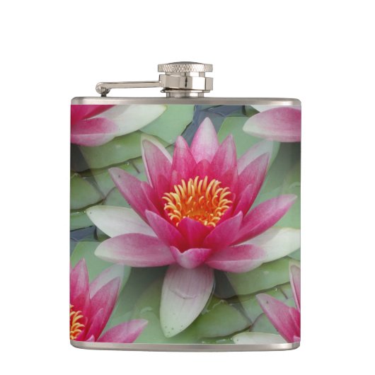 Rosa Lotus Water Lily Vinyl Wrapped Flask Flachmann (Vorderseite)