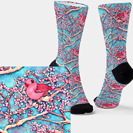 Rosa Lovebirds in Blossom Tree on Blue Sky Floral Socken