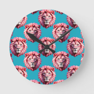 Rosa Löwenkopf-Tiermuster-Design Blau Runde Wanduhr