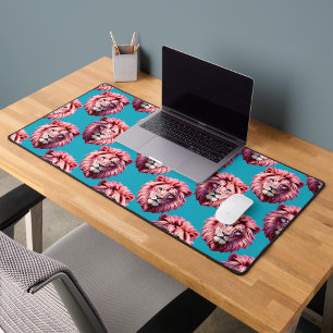 Rosa Löwenkopf-Tiermuster-Design Blau Schreibtischunterlage
